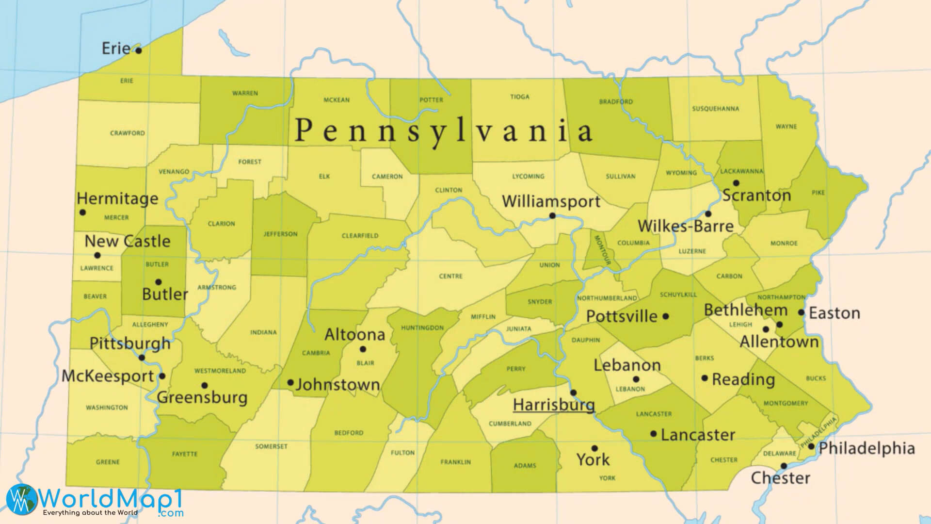 Pennsylvania Main Cities and Counties Map
